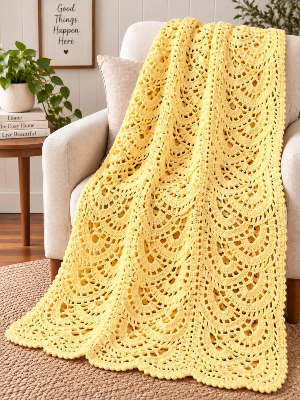 Homemade Swirling Fans Soft Yellow Crochet Throw Blanket - Home Bedding 57x42